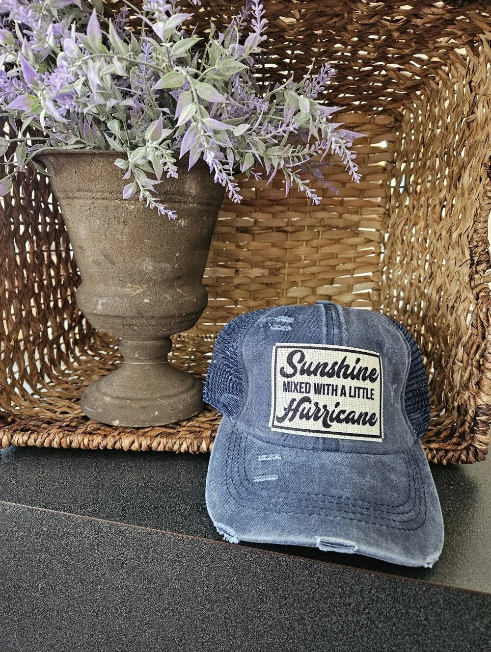 NWOT Sunshine Mixed With A Little Hurricane Distressed Navy Trucker Hat